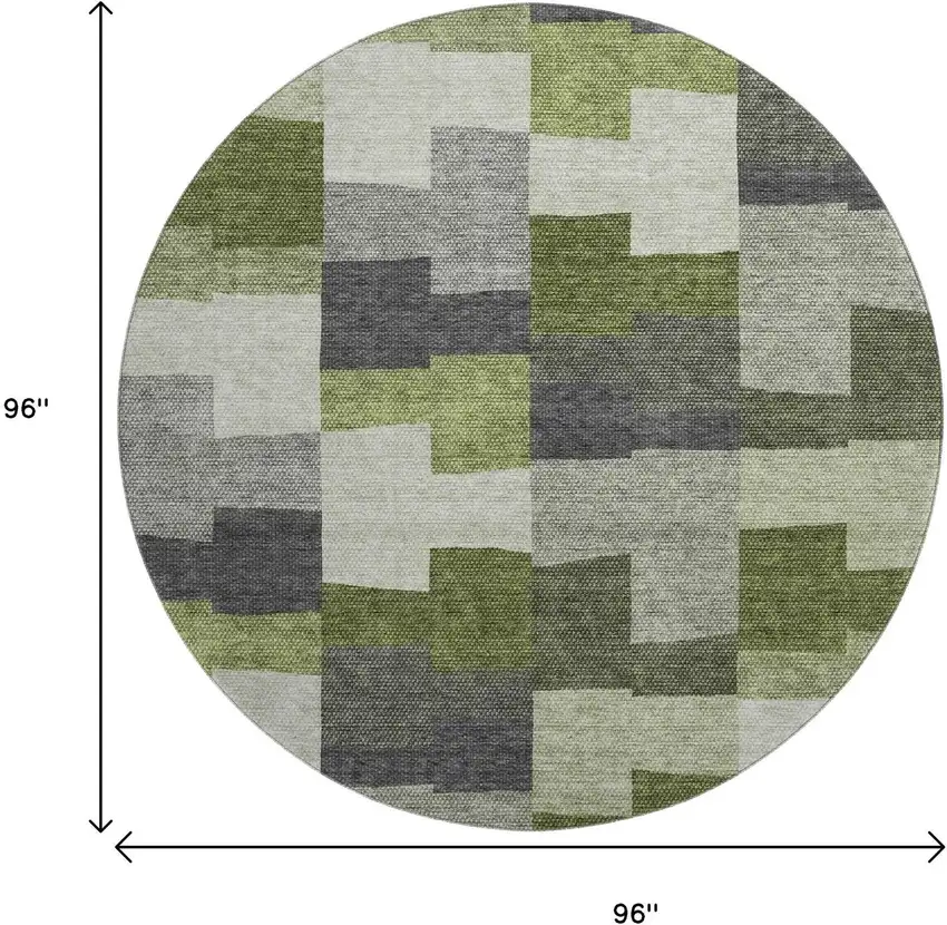 8' Olive Green Gray And Ivory Geometric Washable Round Rug With UV Protection Photo 3