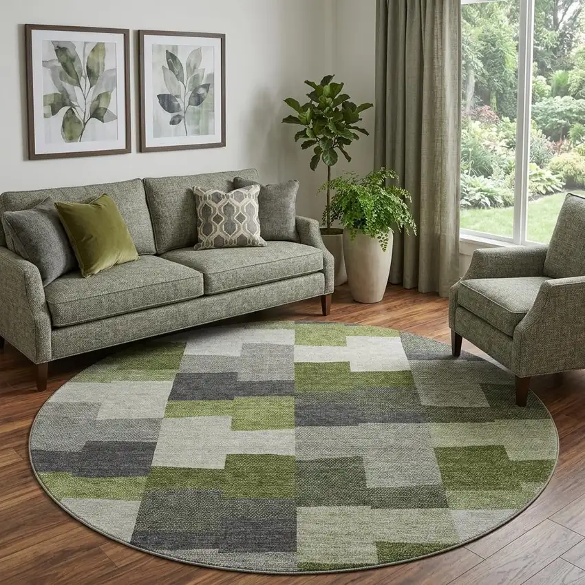8' Olive Green Gray And Ivory Geometric Washable Round Rug With UV Protection Photo 1