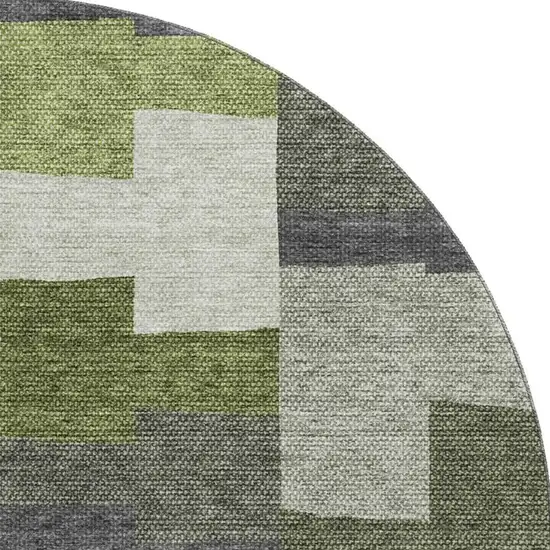8' Olive Green Gray And Ivory Geometric Washable Round Rug With UV Protection Photo 3