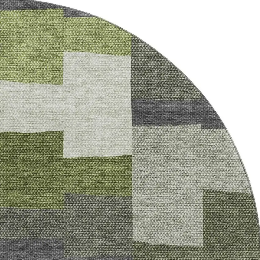 8' Olive Green Gray And Ivory Geometric Washable Round Rug With UV Protection Photo 3