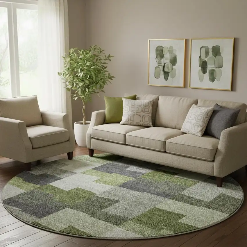 8' Olive Green Gray And Ivory Geometric Washable Round Rug With UV Protection Photo 1