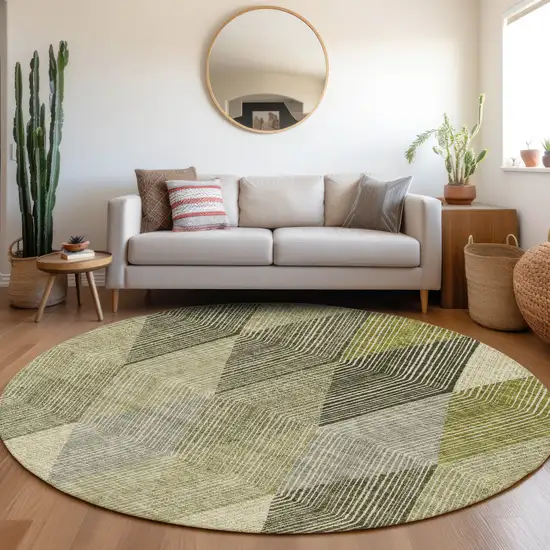 8' Olive Green Gray And Ivory Geometric Washable Round Rug With UV Protection Photo 4