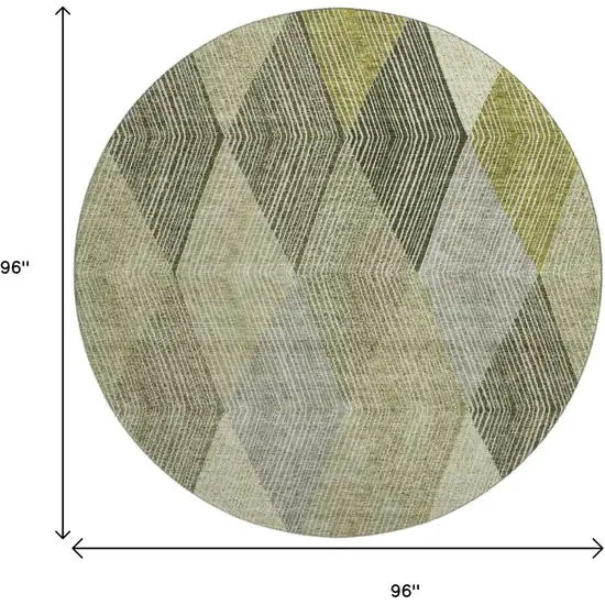 8' Olive Green Gray And Ivory Geometric Washable Round Rug With UV Protection Photo 9