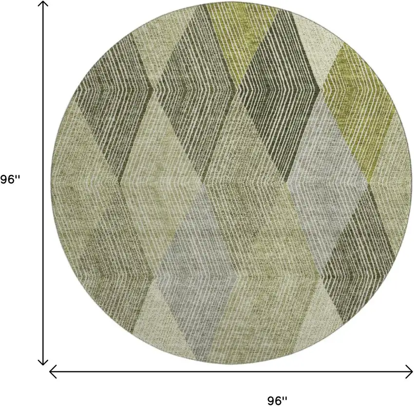 8' Olive Green Gray And Ivory Geometric Washable Round Rug With UV Protection Photo 9