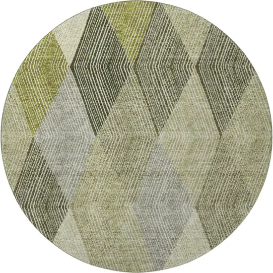 8' Olive Green Gray And Ivory Geometric Washable Round Rug With UV Protection Photo 3