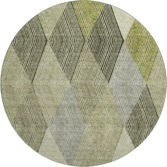 8' Olive Green Gray And Ivory Geometric Washable Round Rug With UV Protection Photo 1