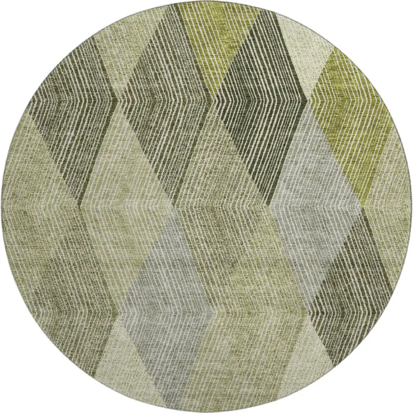 8' Olive Green Gray And Ivory Geometric Washable Round Rug With UV Protection Photo 1