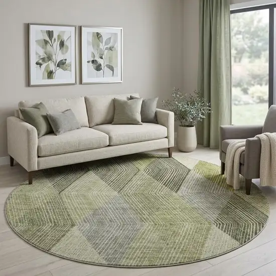 8' Olive Green Gray And Ivory Geometric Washable Round Rug With UV Protection Photo 1