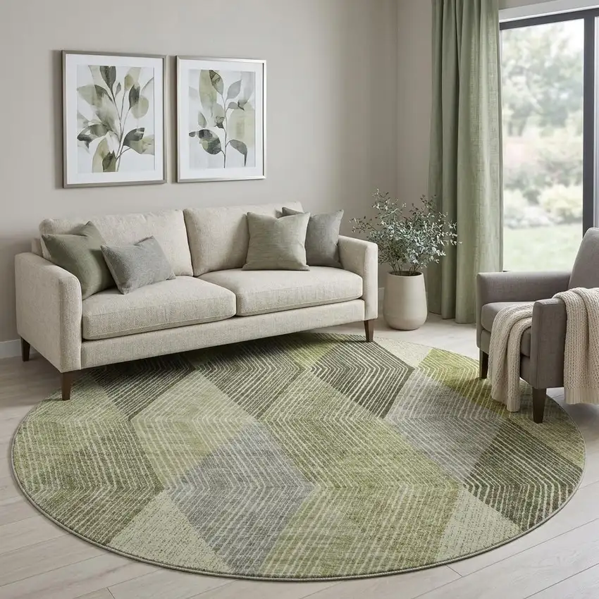 8' Olive Green Gray And Ivory Geometric Washable Round Rug With UV Protection Photo 1