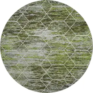 Photo of 8' Olive Green Gray And Ivory Geometric Washable Round Rug With UV Protection