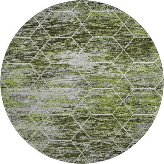 8' Olive Green Gray And Ivory Geometric Washable Round Rug With UV Protection Photo 1