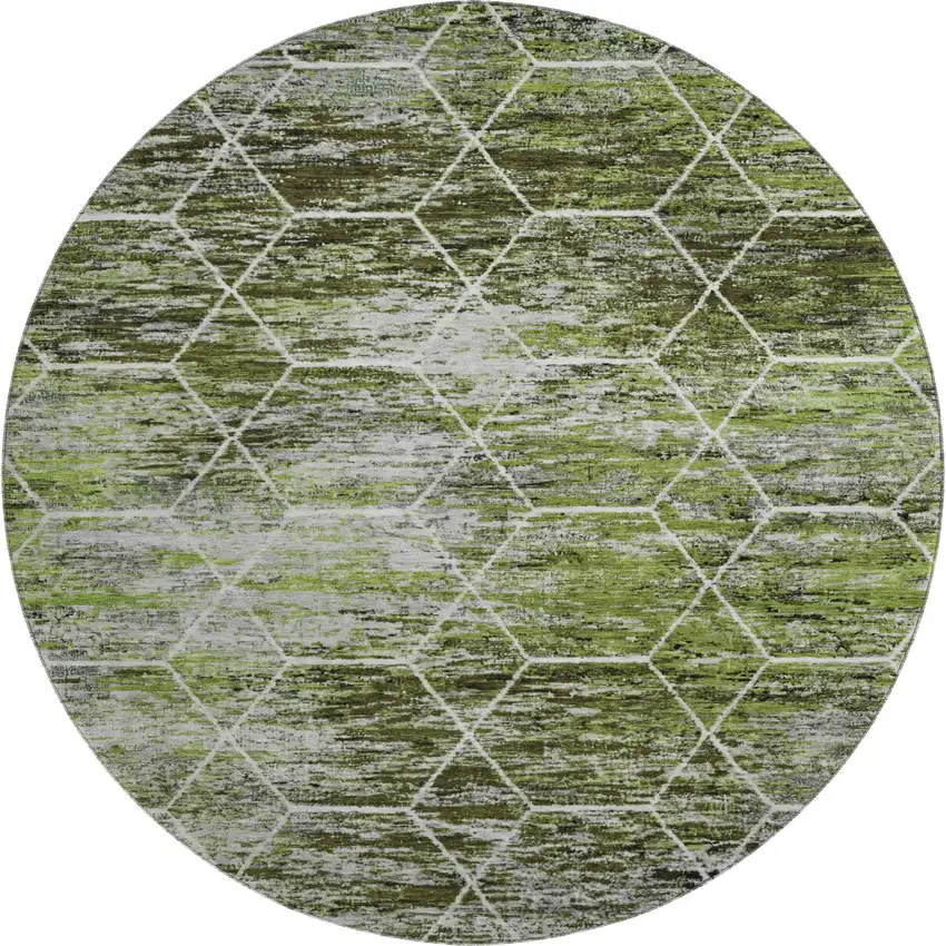 8' Olive Green Gray And Ivory Geometric Washable Round Rug With UV Protection Photo 1