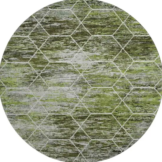8' Olive Green Gray And Ivory Geometric Washable Round Rug With UV Protection Photo 3