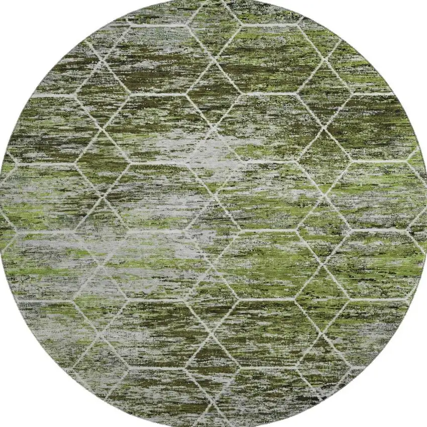 8' Olive Green Gray And Ivory Geometric Washable Round Rug With UV Protection Photo 3