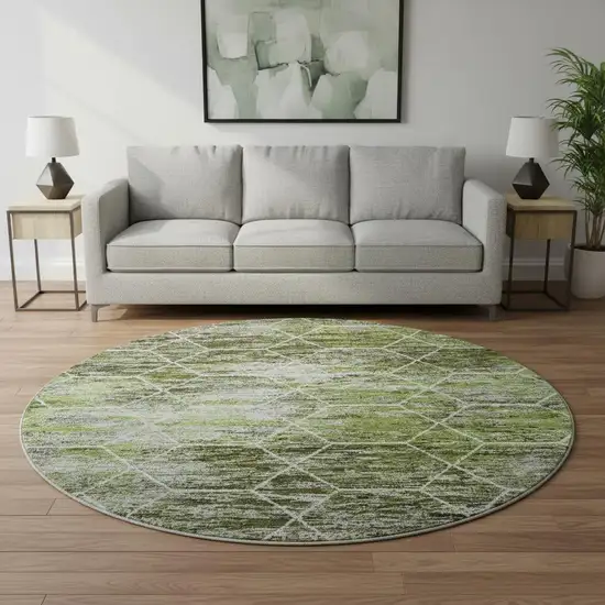 8' Olive Green Gray And Ivory Geometric Washable Round Rug With UV Protection Photo 2