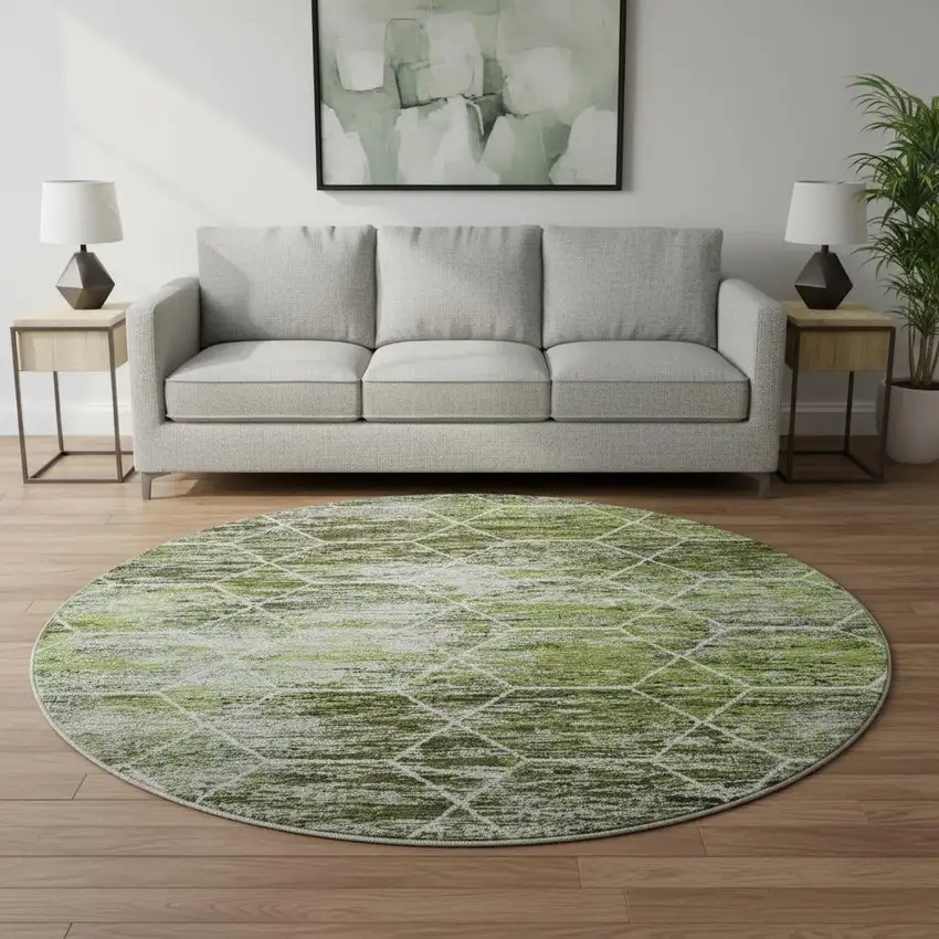 8' Olive Green Gray And Ivory Geometric Washable Round Rug With UV Protection Photo 2