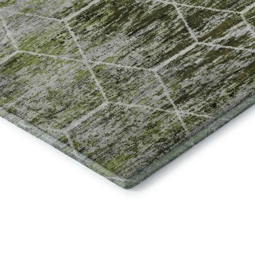 8' Olive Green Gray And Ivory Geometric Washable Round Rug With UV Protection Photo 6