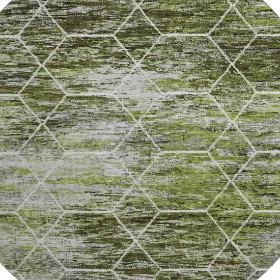 8' Olive Green Gray And Ivory Geometric Washable Round Rug With UV Protection Photo 2