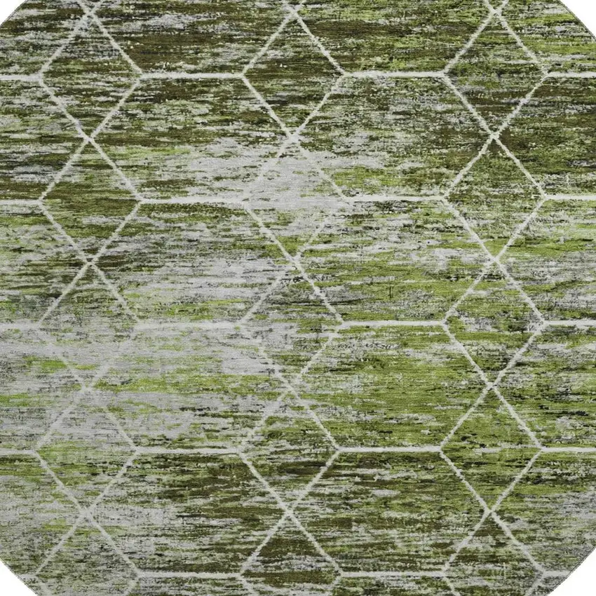 8' Olive Green Gray And Ivory Geometric Washable Round Rug With UV Protection Photo 2