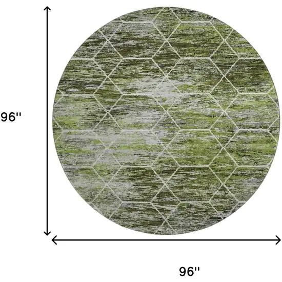 8' Olive Green Gray And Ivory Geometric Washable Round Rug With UV Protection Photo 9