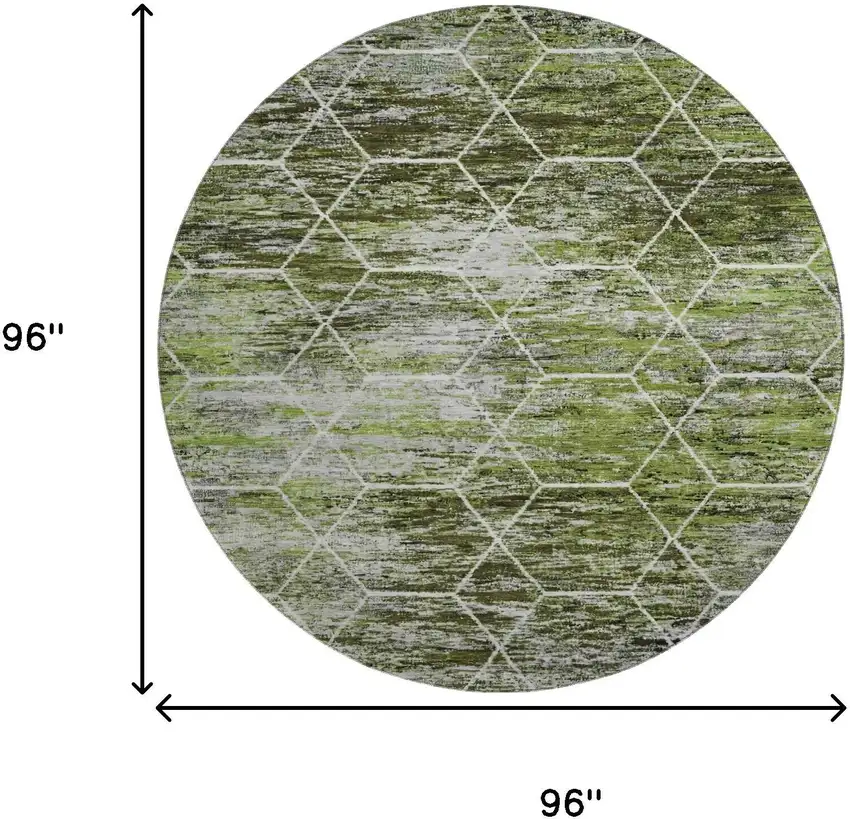 8' Olive Green Gray And Ivory Geometric Washable Round Rug With UV Protection Photo 9