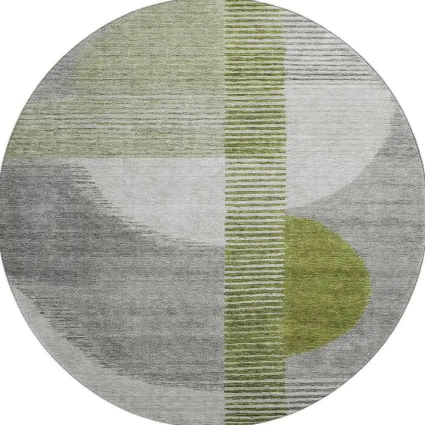 8' Olive Green Gray And Ivory Geometric Washable Round Rug With UV Protection Photo 4