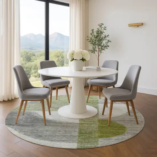 8' Olive Green Gray And Ivory Geometric Washable Round Rug With UV Protection Photo 5