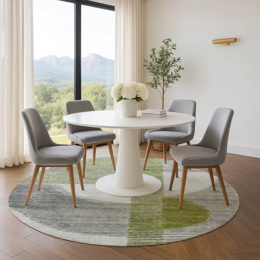 8' Olive Green Gray And Ivory Geometric Washable Round Rug With UV Protection Photo 5