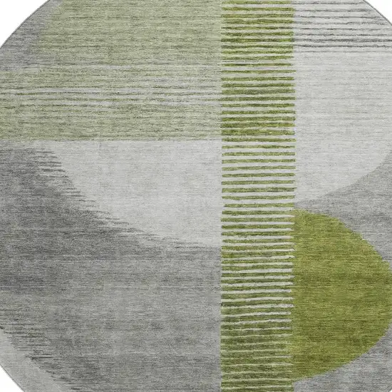 8' Olive Green Gray And Ivory Geometric Washable Round Rug With UV Protection Photo 3
