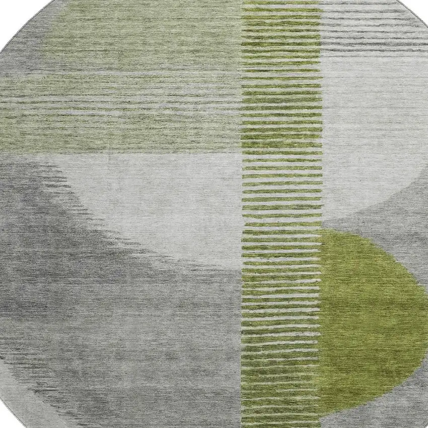 8' Olive Green Gray And Ivory Geometric Washable Round Rug With UV Protection Photo 3