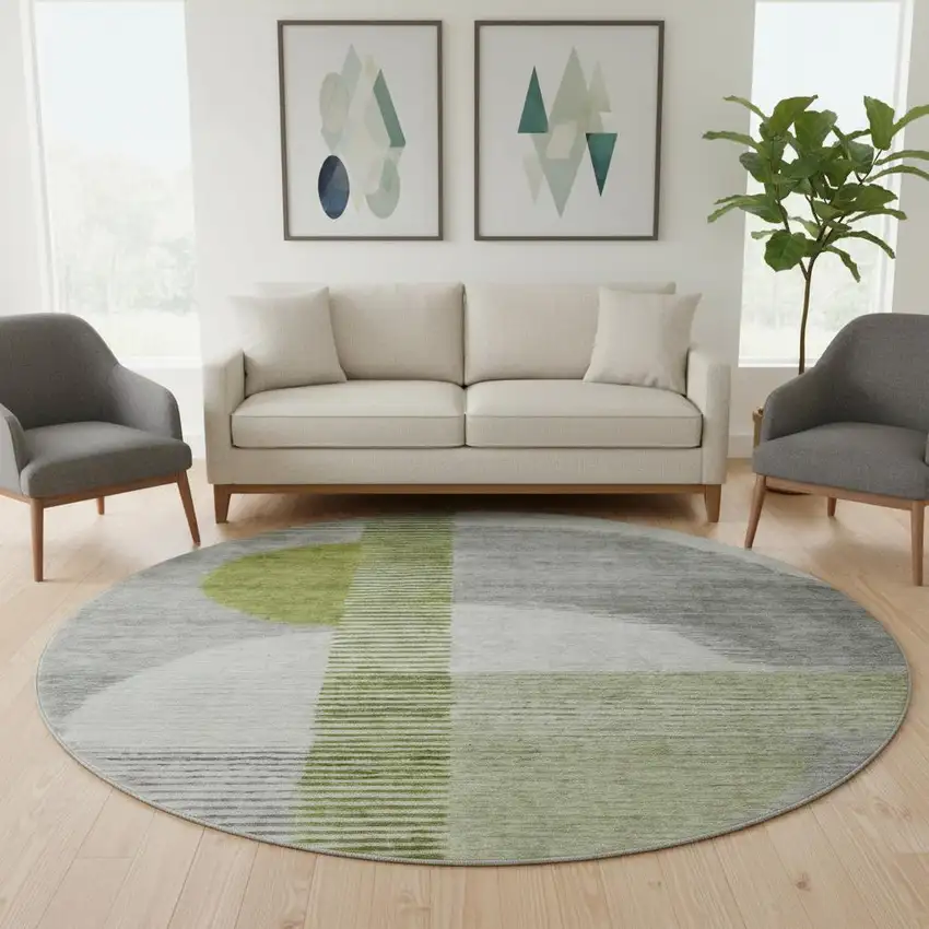 8' Olive Green Gray And Ivory Geometric Washable Round Rug With UV Protection Photo 2
