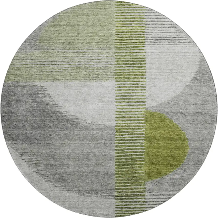 8' Olive Green Gray And Ivory Geometric Washable Round Rug With UV Protection Photo 1