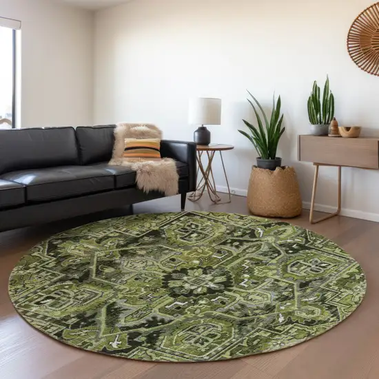 8' Olive Green Gray And Ivory Oriental Washable Round Rug With UV Protection Photo 5