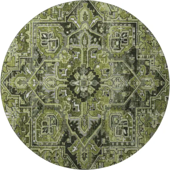 8' Olive Green Gray And Ivory Oriental Washable Round Rug With UV Protection Photo 4