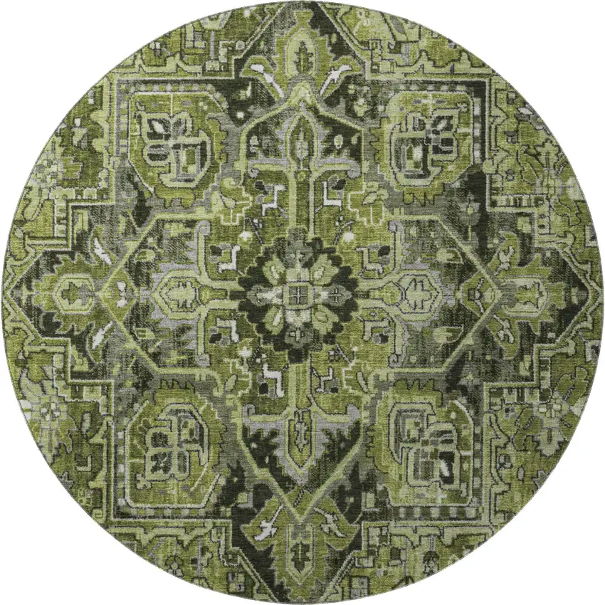 8' Olive Green Gray And Ivory Oriental Washable Round Rug With UV Protection Photo 4