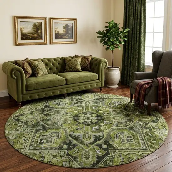 8' Olive Green Gray And Ivory Oriental Washable Round Rug With UV Protection Photo 1