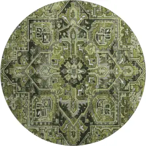 Photo of 8' Olive Green Gray And Ivory Oriental Washable Round Rug With UV Protection