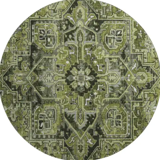 8' Olive Green Gray And Ivory Oriental Washable Round Rug With UV Protection Photo 3