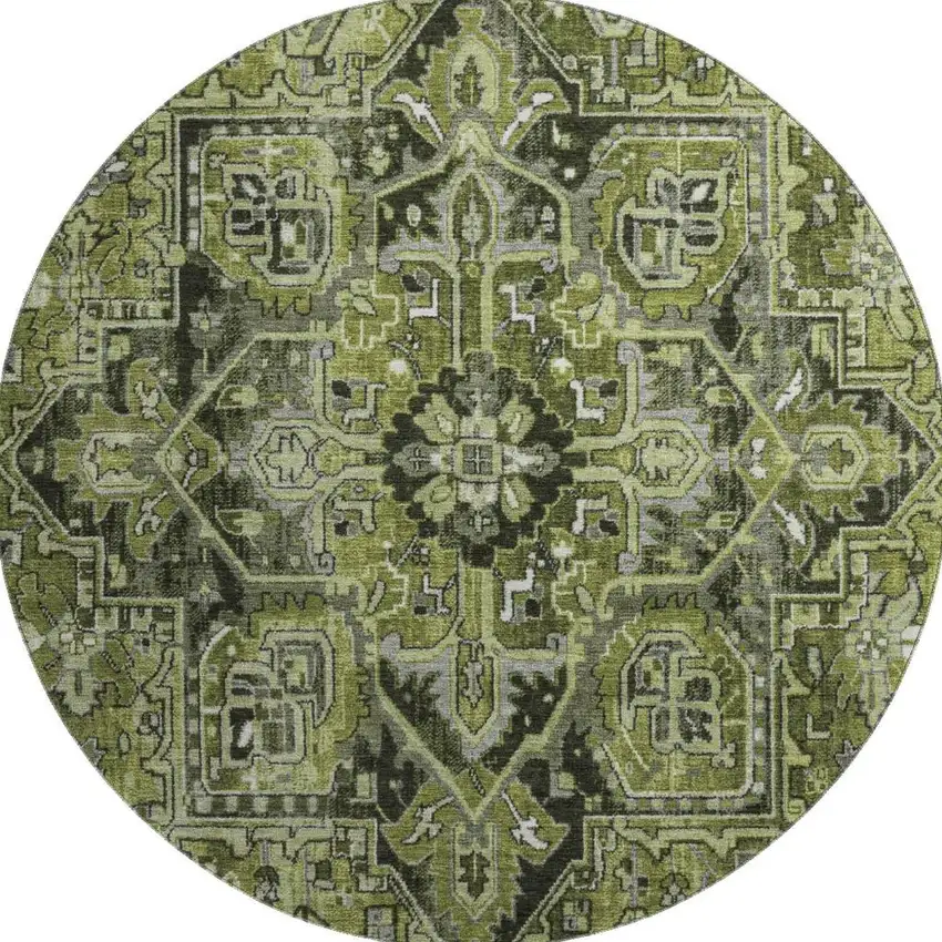 8' Olive Green Gray And Ivory Oriental Washable Round Rug With UV Protection Photo 3