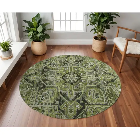 8' Olive Green Gray And Ivory Oriental Washable Round Rug With UV Protection Photo 2