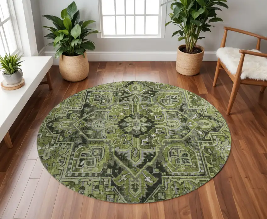 8' Olive Green Gray And Ivory Oriental Washable Round Rug With UV Protection Photo 2