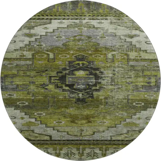 8' Olive Green Gray And Ivory Oriental Washable Round Rug With UV Protection Photo 1