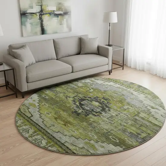 8' Olive Green Gray And Ivory Oriental Washable Round Rug With UV Protection Photo 2