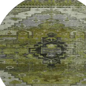 Photo of 8' Olive Green Gray And Ivory Oriental Washable Round Rug With UV Protection