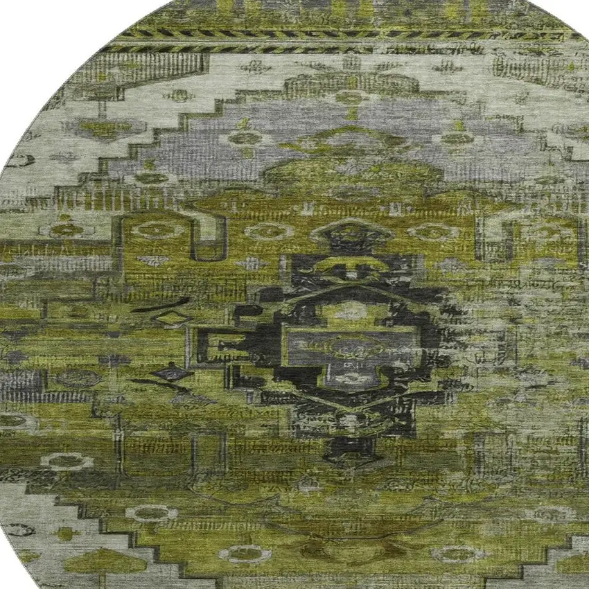8' Olive Green Gray And Ivory Oriental Washable Round Rug With UV Protection Photo 2