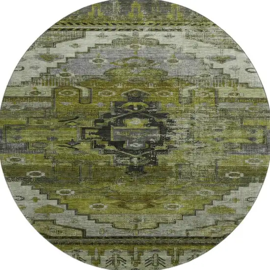 8' Olive Green Gray And Ivory Oriental Washable Round Rug With UV Protection Photo 3
