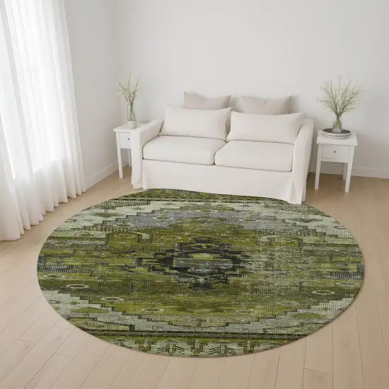 8' Olive Green Gray And Ivory Oriental Washable Round Rug With UV Protection Photo 4
