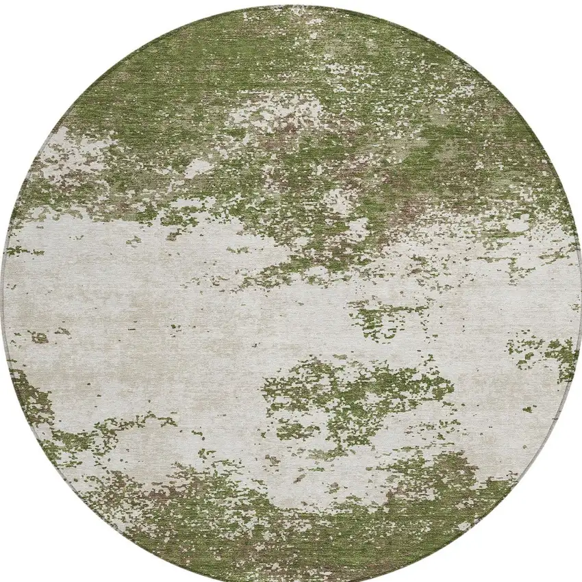 8' Olive Green Gray And Ivory Round Abstract Washable Indoor Outdoor Area Rug Photo 4