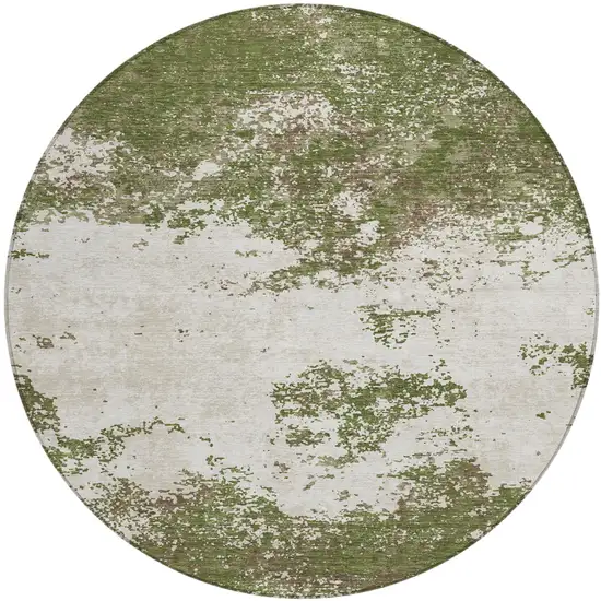 8' Olive Green Gray And Ivory Round Abstract Washable Indoor Outdoor Area Rug Photo 2