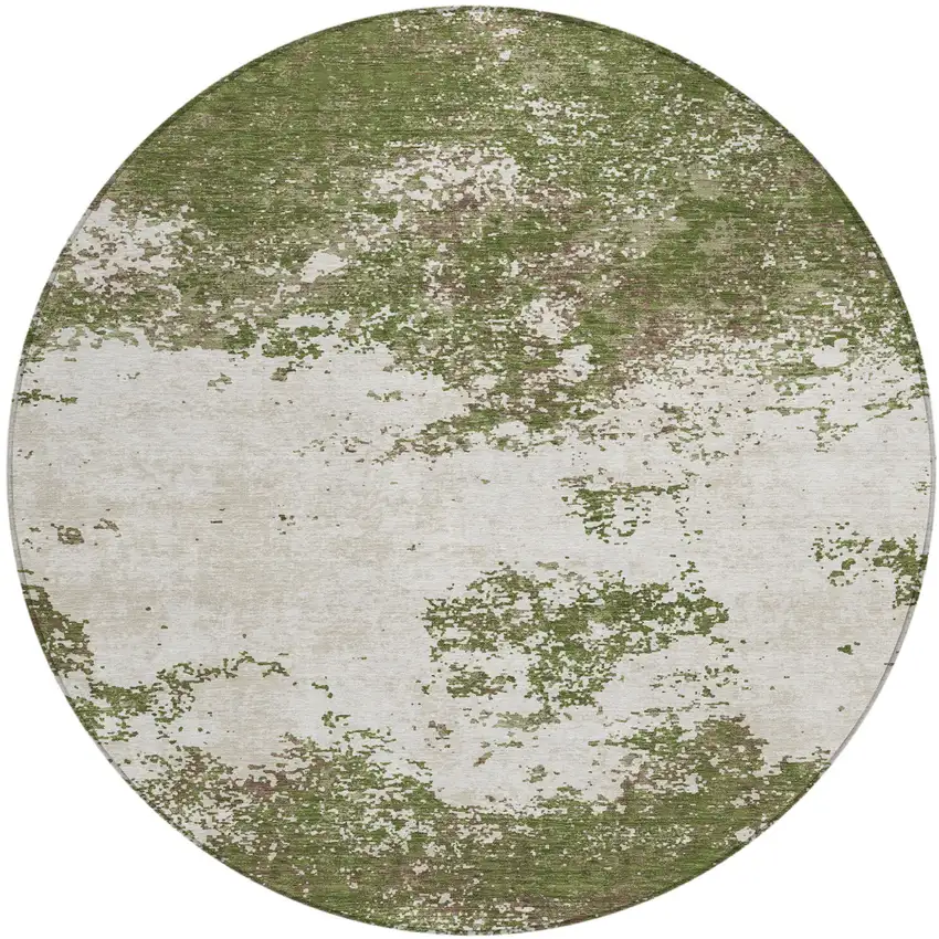 8' Olive Green Gray And Ivory Round Abstract Washable Indoor Outdoor Area Rug Photo 2